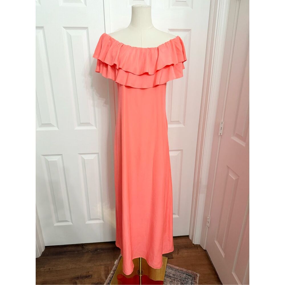 Julie Brown Neon Coral Clambake Off Shoulder Athena Ruffle Maxi Dress Size 4 NWT